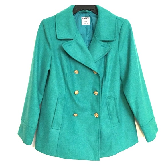 Green pea coat with gold button detailing