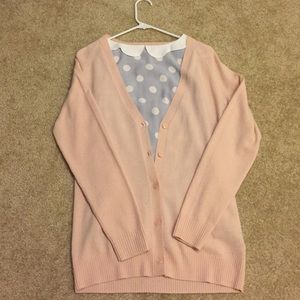 Set: pink cashmere cardigan & blue polkadot top