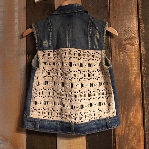 Free people denim distressed cream knit back vest - Picture 1 of 4