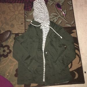Olive green with stripped hoodie attached jacket