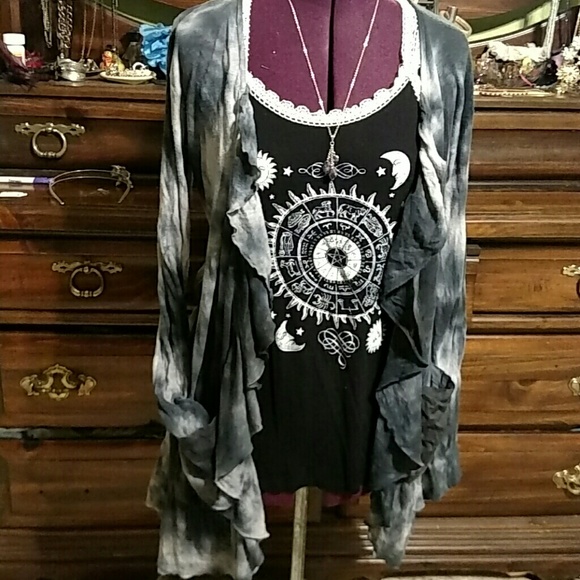 Grey black boho ruffle sweater