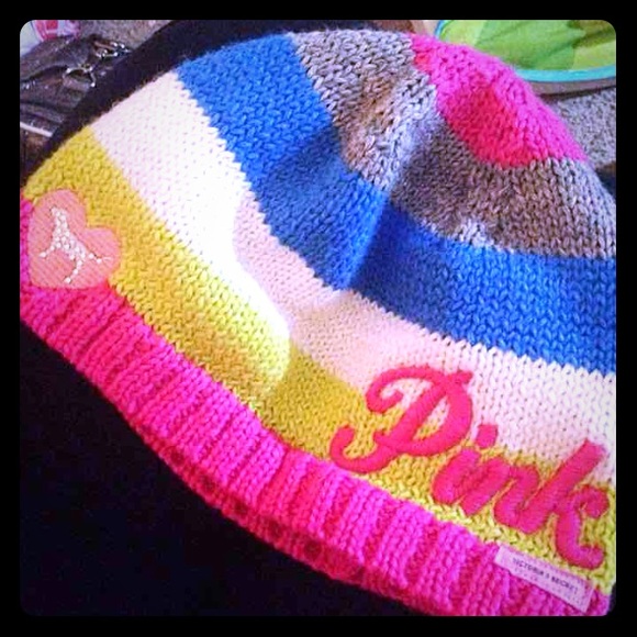 PINK Victoria's Secret Accessories - VS PINK colorful rainbow bling beanie rare winter