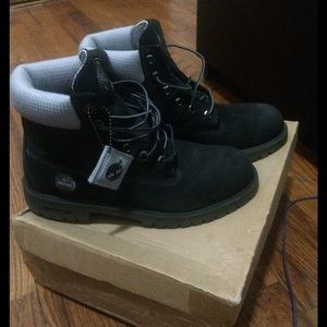 Black and grey Timberland boots