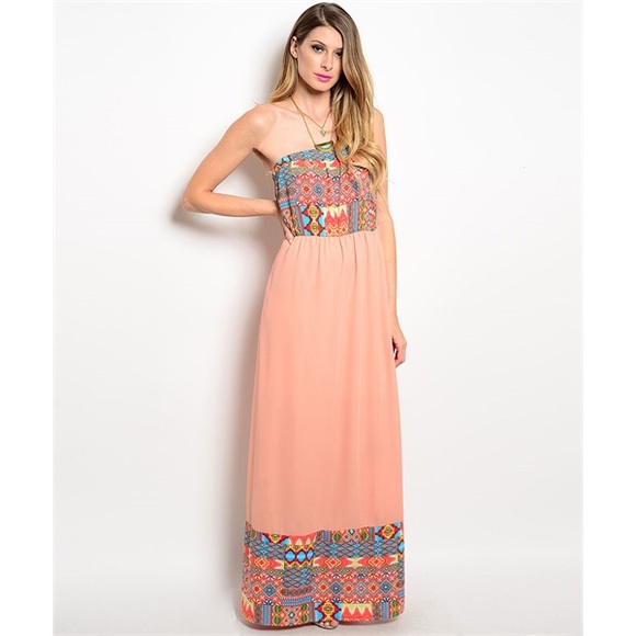 Boutique Dresses & Skirts - Boho Coral Aztec Patchwork Maxi Dress M
