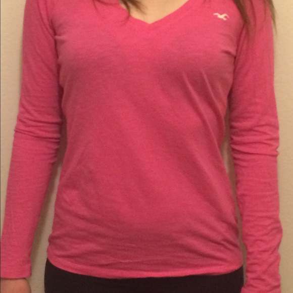 Hollister Hot Pink V-Neck Long Sleeve Shirt