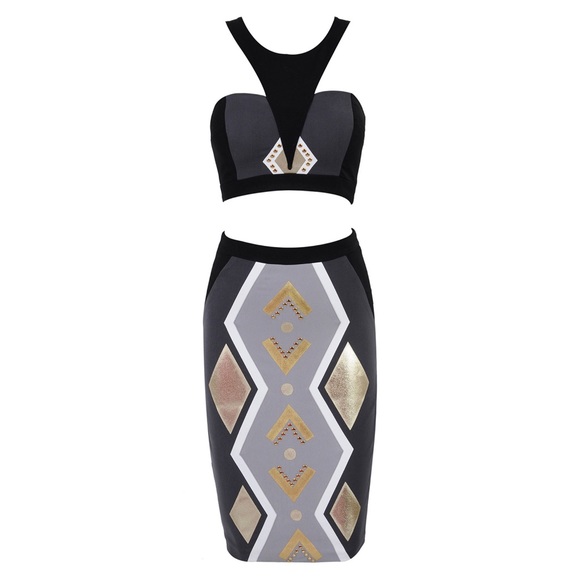 Celebrity Boutique Dresses & Skirts - House of CB Talia Grey & Gold Tribal Bodycon Set