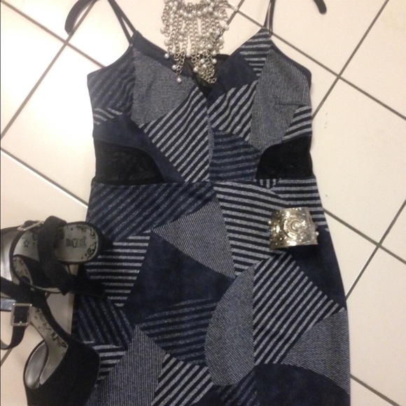 Dresses & Skirts - Navy "patchwork" spaghetti strap mesh cutout dress