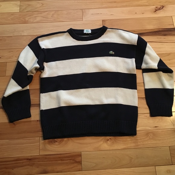 Blue and white striped Lacoste sweater.