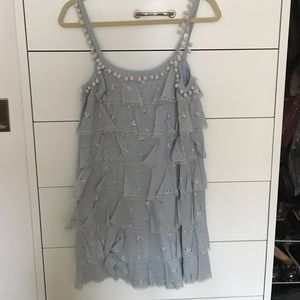 Mini dress light blue with pompom and flowers