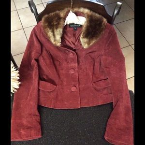 Burgundy Suede/Leather Short Faux Fur Jacket