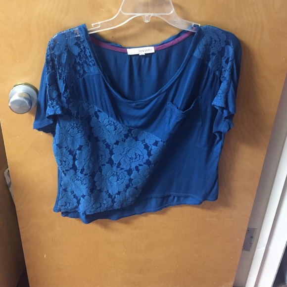 Blue fabric and lace crop top.