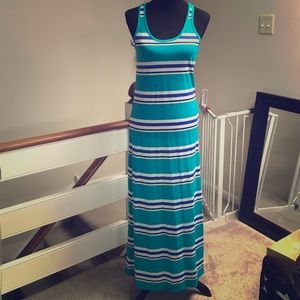 Teal, blue and white striped maxi dress.
