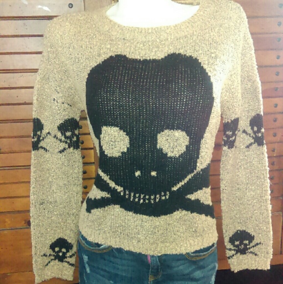 Material Girl Sweaters - Very soft, tan and black skull sweater, EUC