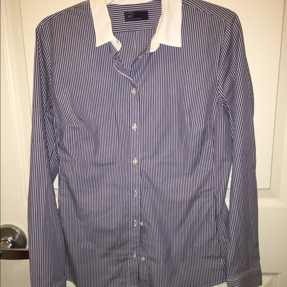 Striped blue button-down shirt with white collar