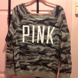Gray Camo VS PINK off shoulder, crew sweater SZ L