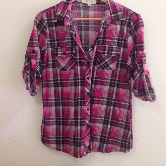 Eden & Olivia Tops - Pink Plaid Top. Buttoned Sleeves. Medium