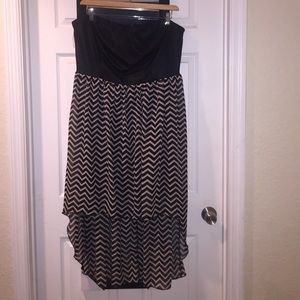 Black and tan high low strapless dress