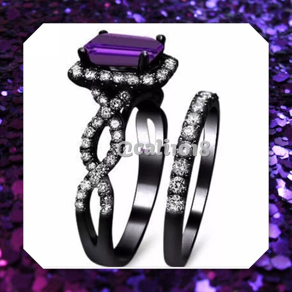 NW Black Gold Filled & Amethyst 2PC Ring Set 6 - Picture 2 of 4