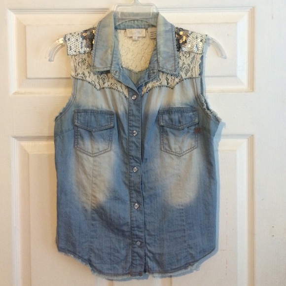 Miss Me Tops - Miss Me denim sequin button up Miss Me Tops - Miss Me denim sequin button up