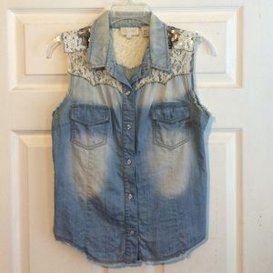 Miss Me Tops - Miss Me denim sequin button up Miss Me Tops - Miss Me denim sequin button up