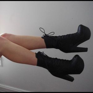 opening ceremony black leather wooden heeled boots