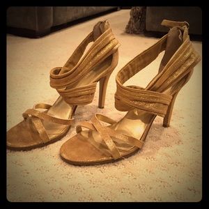 Nine West gold strappy leather and fabric heels