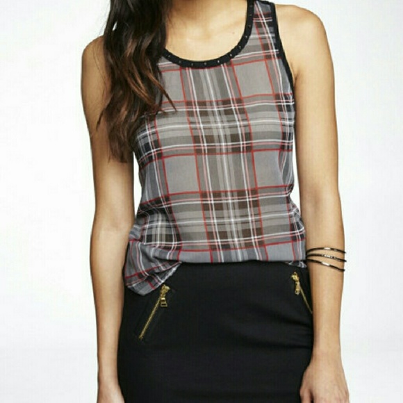 Sheer plaid studded tank