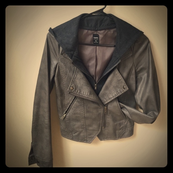 Green Gray leather jacket with removable hood