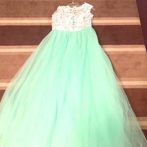 Turquoise with white lace prom dress.