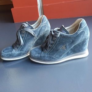 Prada lace up suede wedge