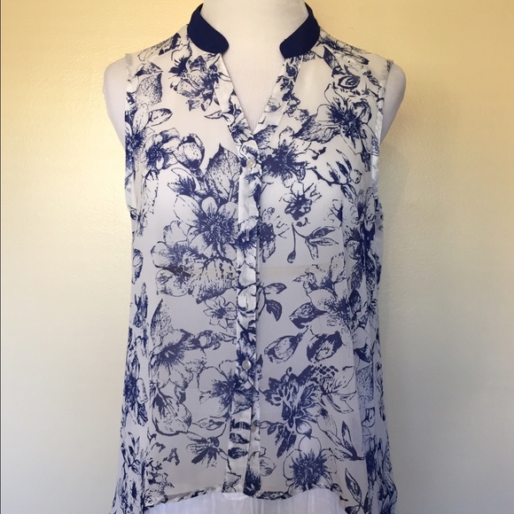 Forever 21 Tops - F21 Navy and White  Sheer Floral High Low Tank Top