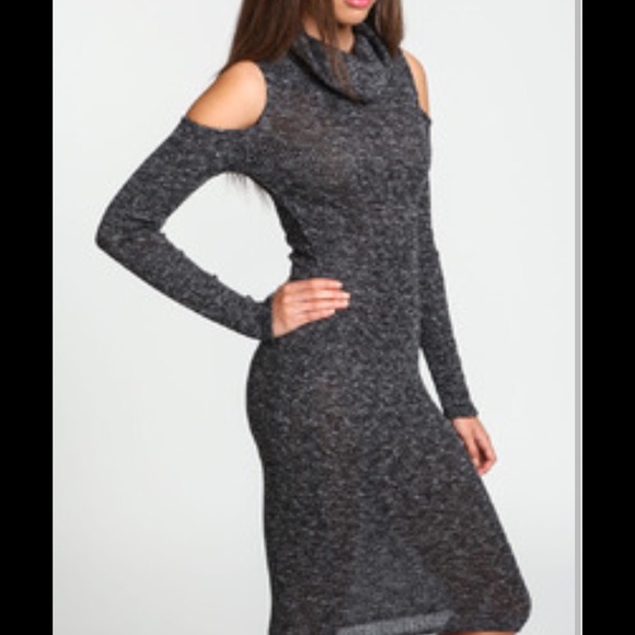 Dark gray long sleeve Cowlneck Cut out Dress - Picture 3 of 4