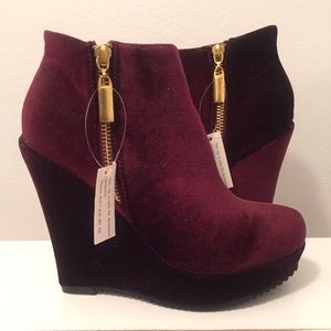 Burgundy Maroon Velvet Platform Wedge Booties Boot