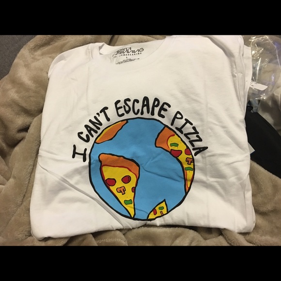 short sleeve white shirt "can't escape pizza"