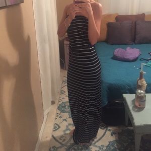 Navy blue and white striped maxi dress