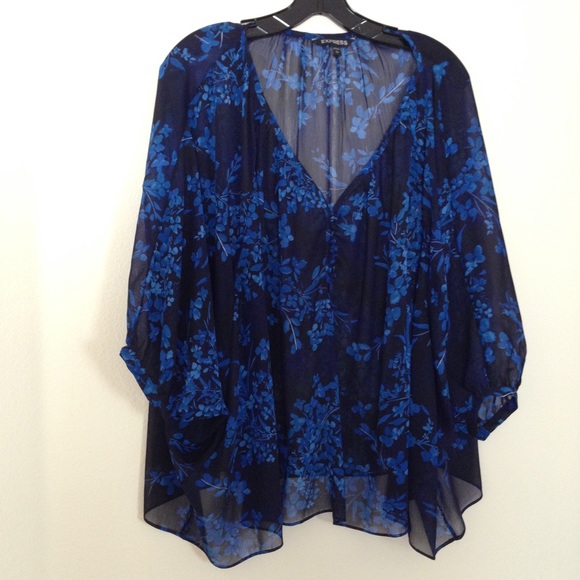 Sheer Blue Top w/Floral Design - Picture 1 of 2