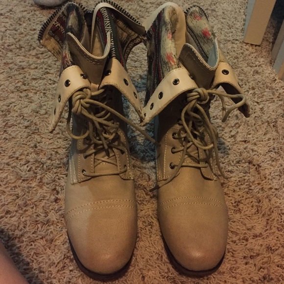 Wild Diva Shoes - Sand fold over zippered combat boots