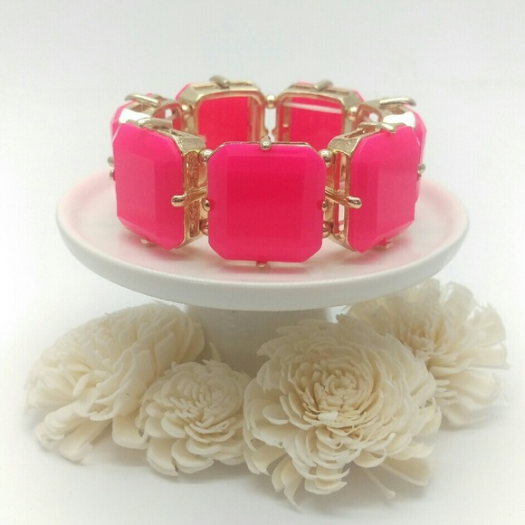 Gold & Hot Pink Jeweled Stretch Bracelet