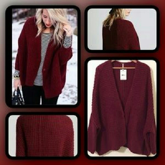 Free People Burgundy Chunky Knit Cardigan/ Sweater - Picture 2 of 3