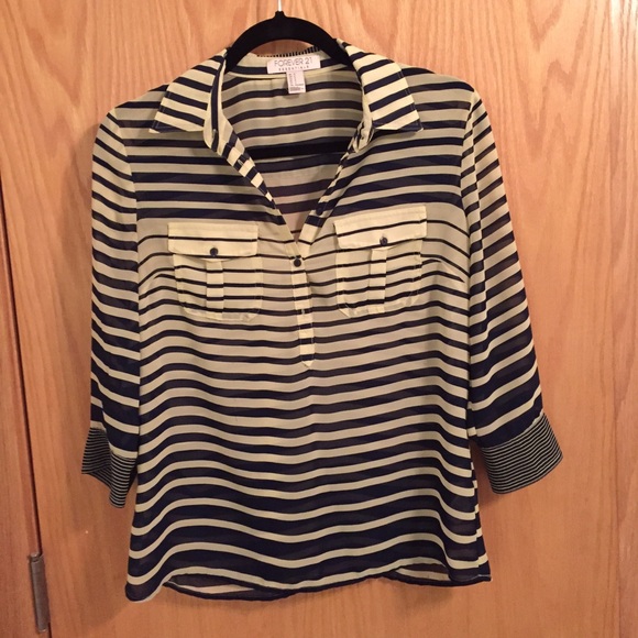 Navy and Lime Green Striped Blouse - size small