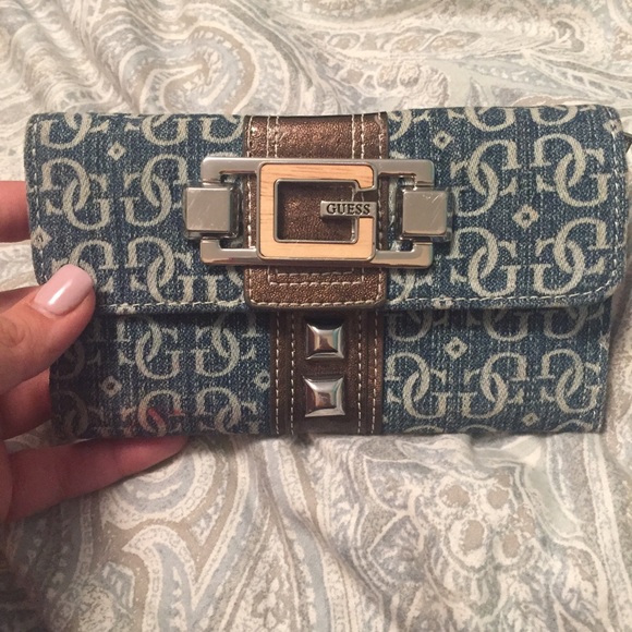 Guess trifold denim logo print wallet