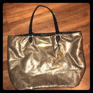 RARE discontinued LARGE VS gold glitter tote bag