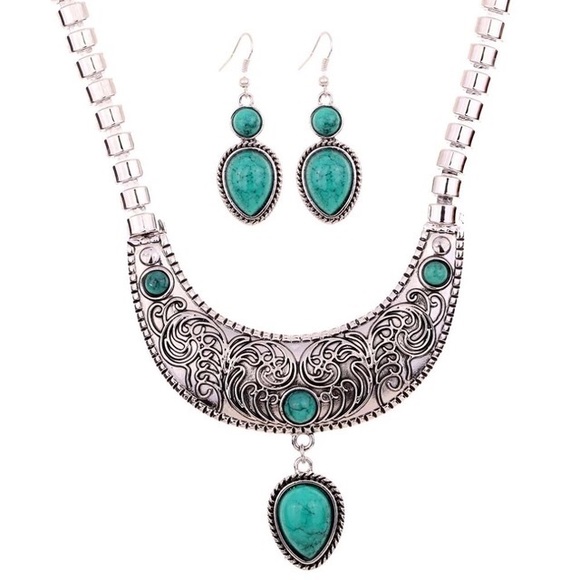 Silver Moon Turquoise Earrings Necklace Set