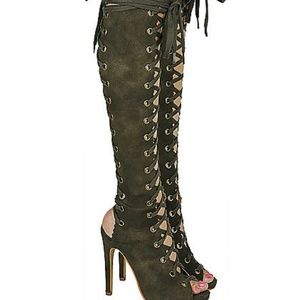 Knee high lace up open toe heels!