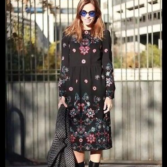 Zara Long Embroidered Floral Midi Dress - Picture 2 of 4