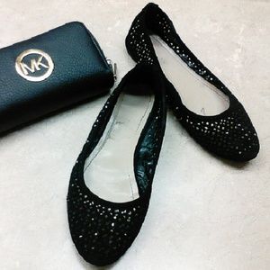 Black perforated rhinestone studded design flats