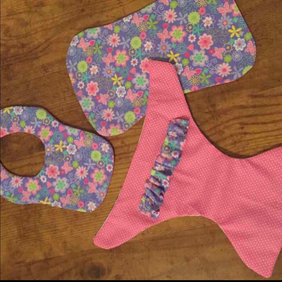 Handmade baby doll bib, burp cloth and diaper.