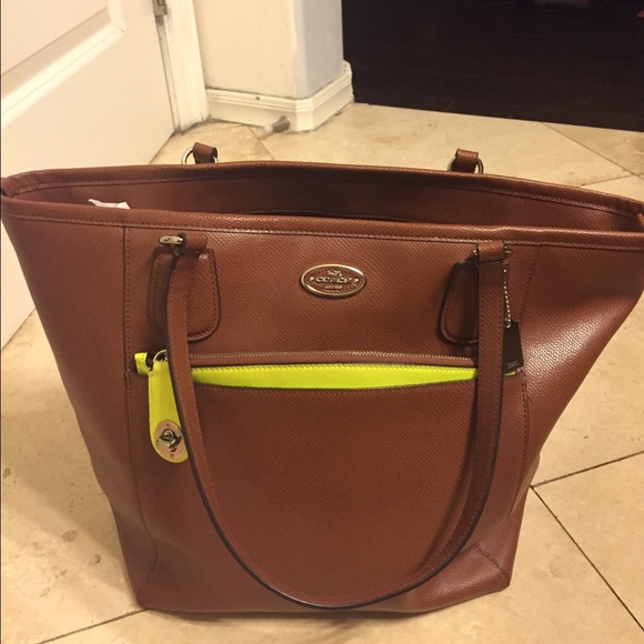 Coach cross grain leather ziptop neon green tote