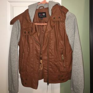 Leather jacket with gray sleeves