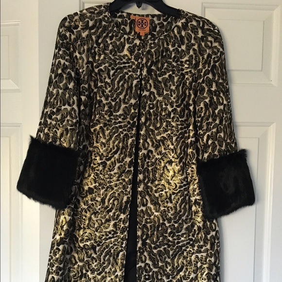 Tory Burch metallic jacket with fur cuffs.